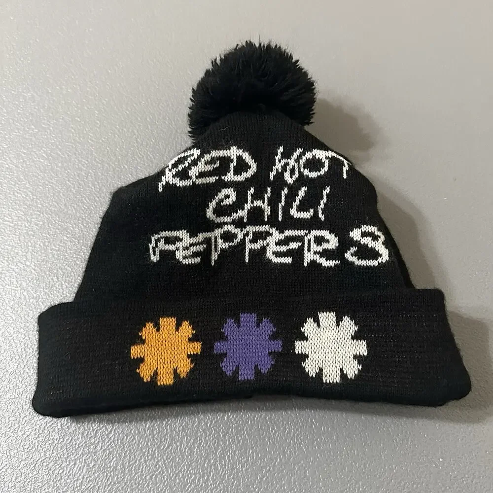 Red Hot Chili Peppers Black Knit Beanie Hat with Pom Pom Winter Cap